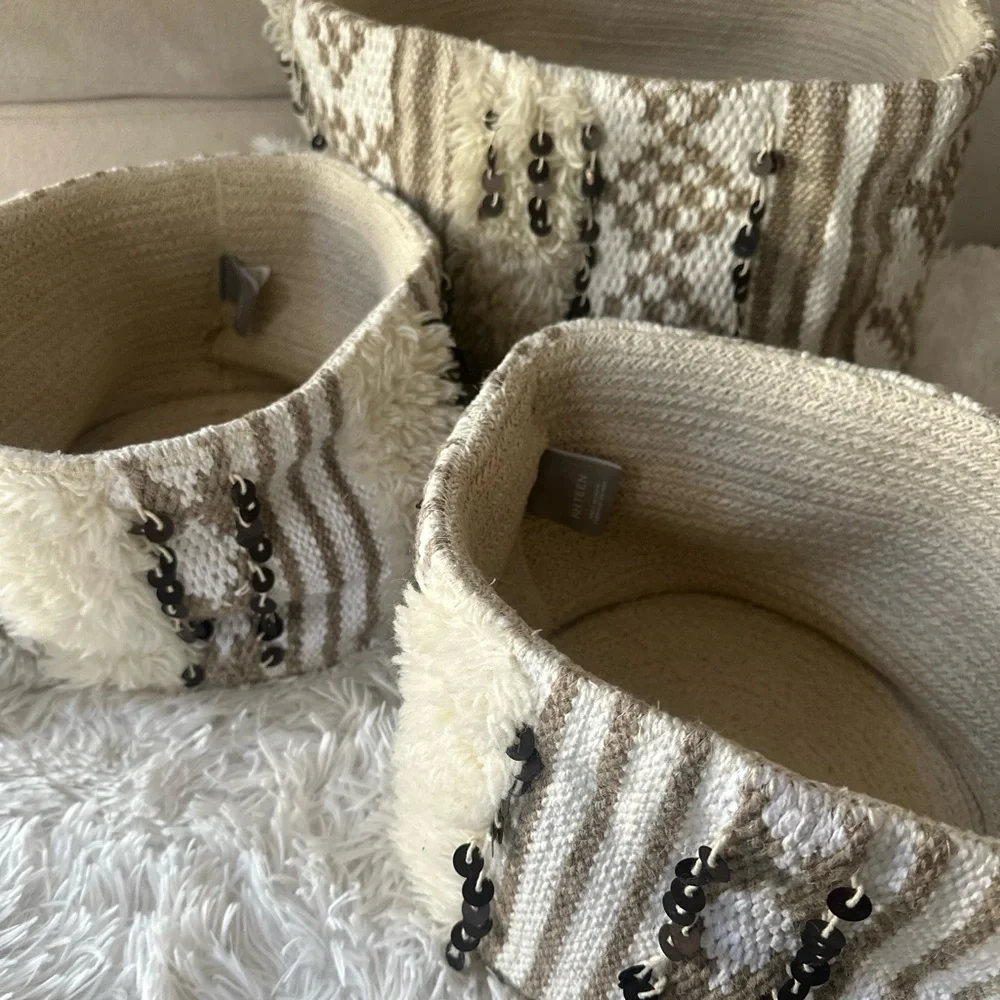 RH TEEN Moroccan Embellished Storage Basket Set Natural Size: 1 Med 2 Small